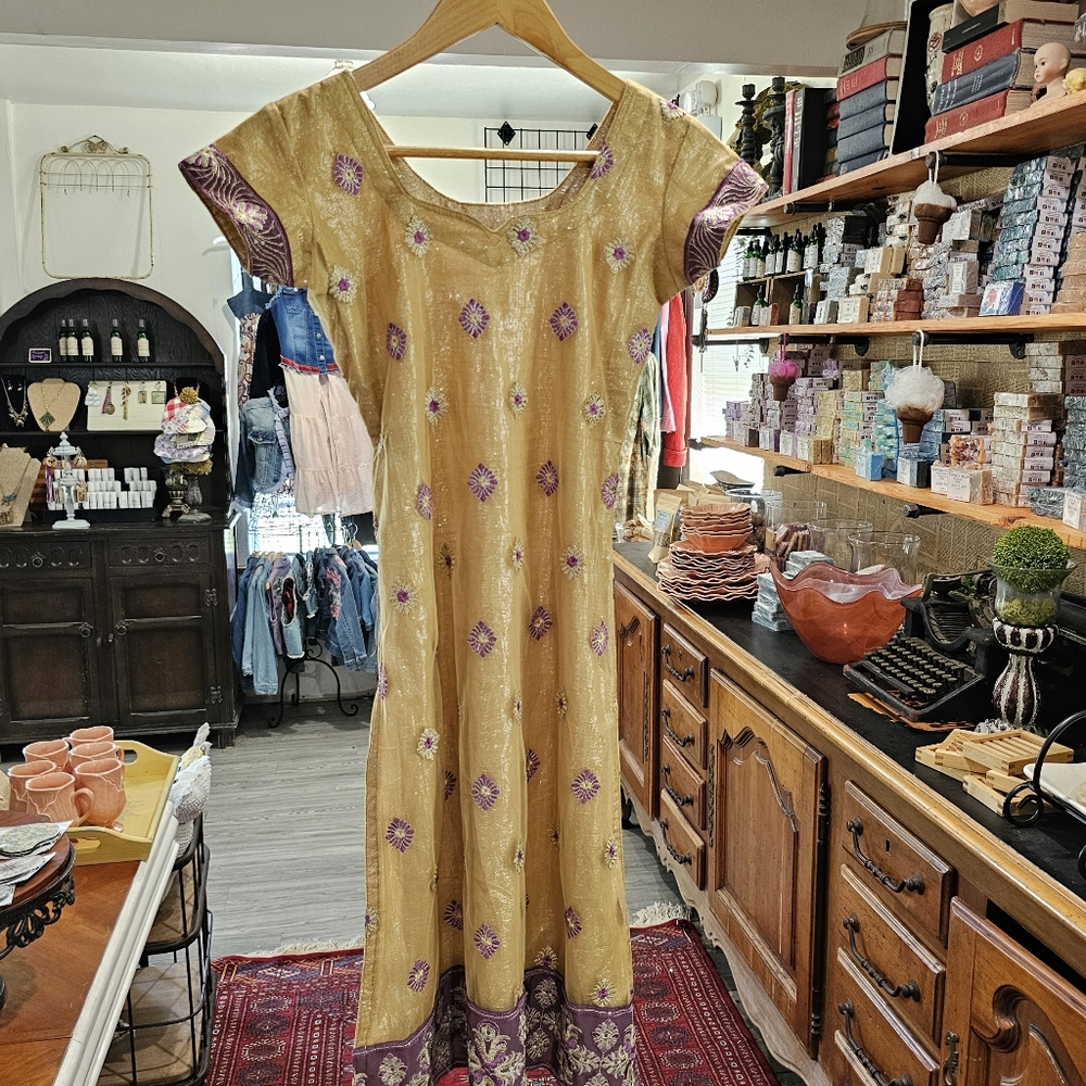 Long Kurta top/dress Gold metallic fabric with purple trim.